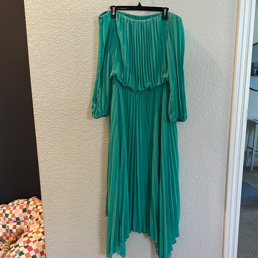 INC International Concepts Teal Green Pleated High-Low Maxi Dress